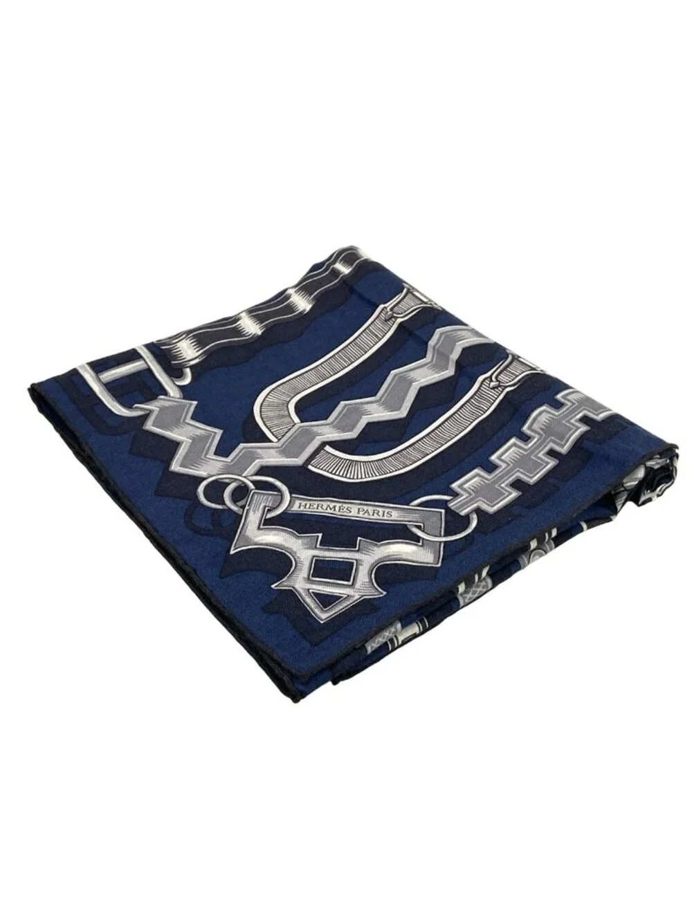 Hermes Shawl Carre 100 Blue Marine Griffonse Gray le 24 Brides Et Chaines Scarf